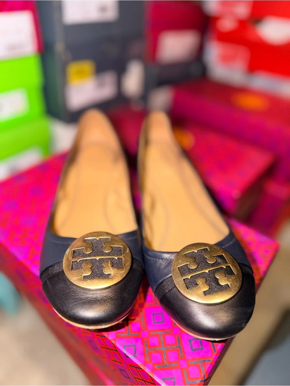 Tory Burch Navy/Black Leather Ballet Flats - Classic Logo Medallion